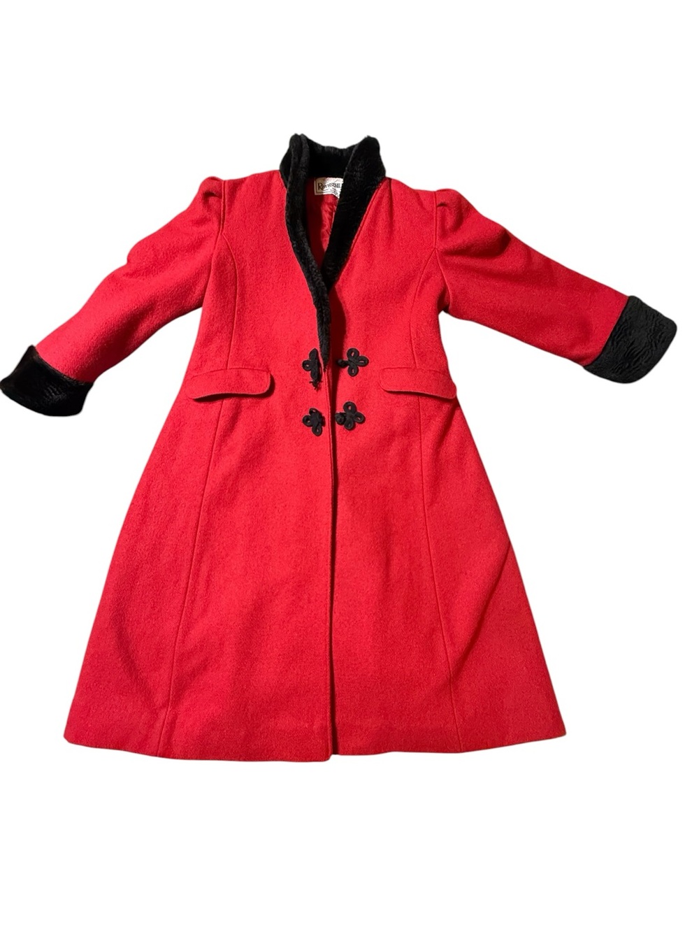 VTG Rothschild Red Wool Princess Coat Sz 8 Black Faux Fur Trim Frog Closure USA